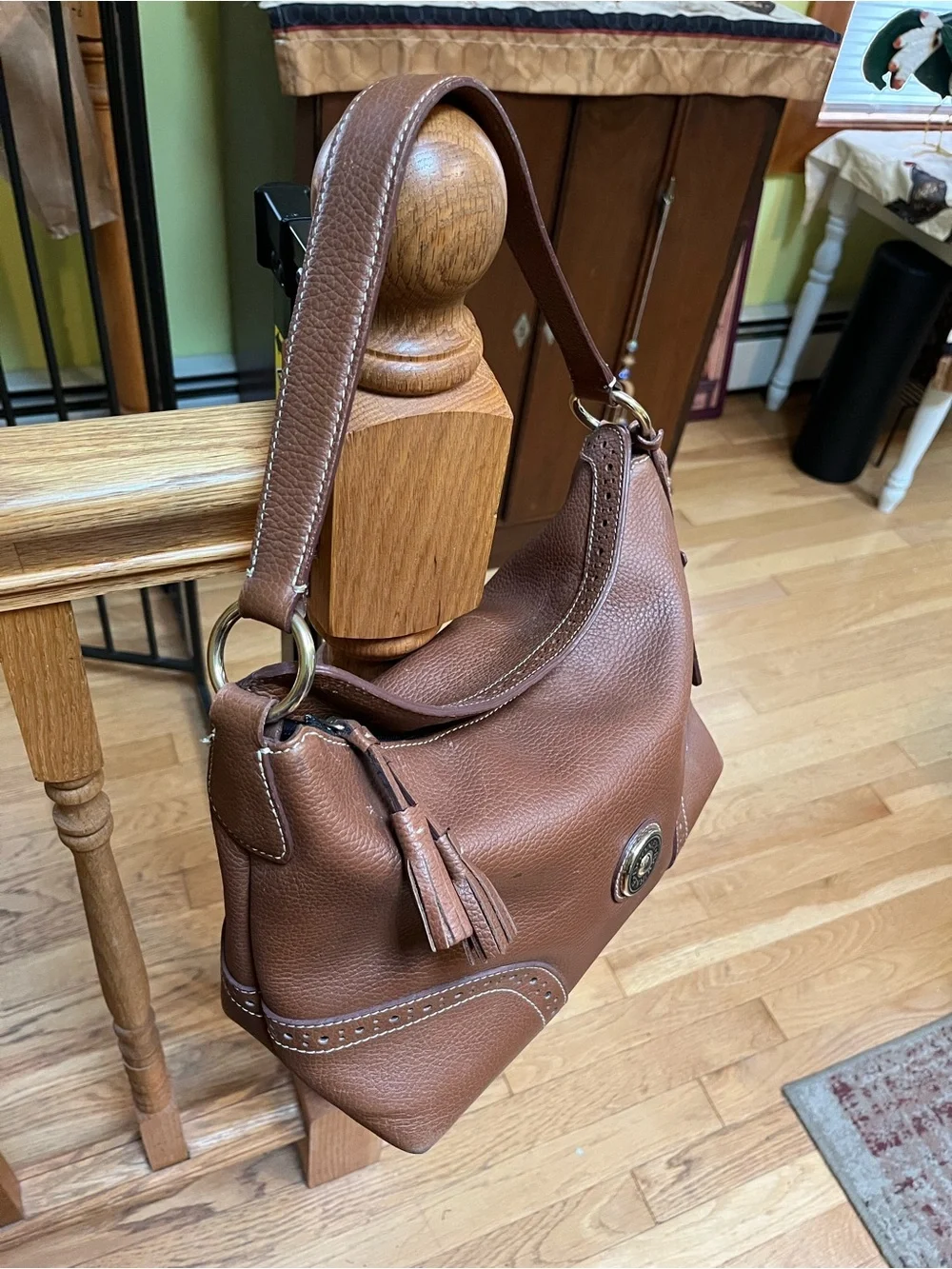 Dooney & Bourke Camel Brown Pebbled Leather Shoulder Bag with Tassel Emblem